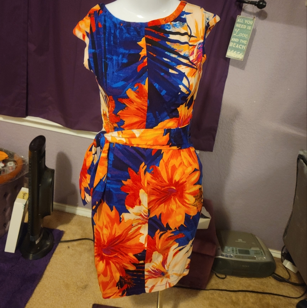 Ann Taylor Petite Bright Orange & Blue Floral Print Dress Size XXSP